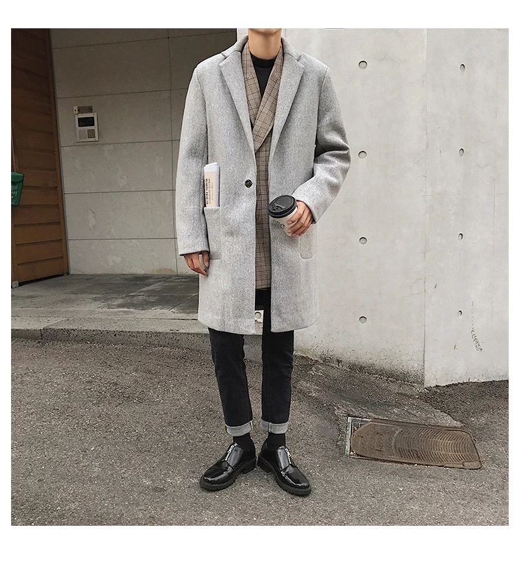 Мужской модный Тренч, шерстяное пальто, свободная повседневная одежда с хлопковой подкладкой, шерстяное кашемировое пальто серого/черного/верблюжьего цвета, M-3XL