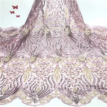 

High Quality Nigerian 3D Wedding Lace Fabric Purple Latest African Laces 2019 French Net Lace Fabric With bead Stone for Dress