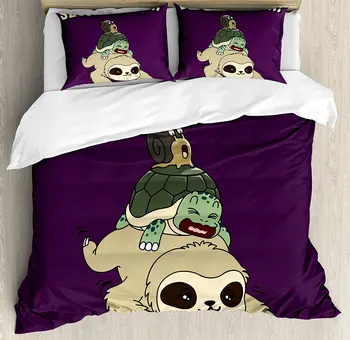 

Sloth Duvet Cover Set Funny Cartoon Scenery with Sloth Turtle Snail on Top of Each Other Slow Down Phrase Bedding Set Multicolor