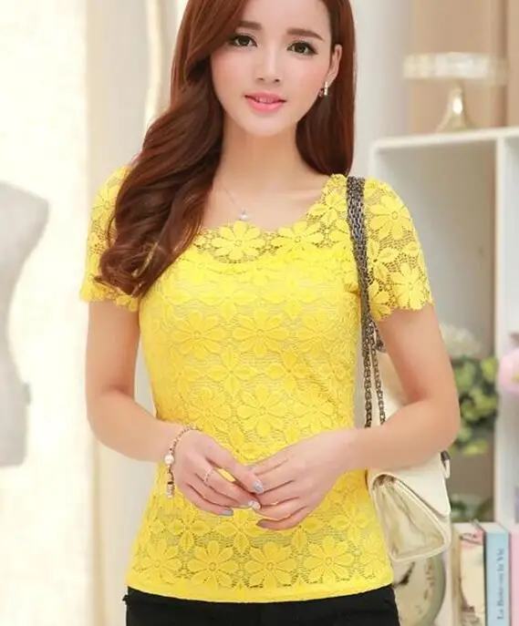 Женские топы, кружевная рубашка, Blusas Femininas, блузки и рубашки, новинка, модная женская блузка с коротким рукавом размера плюс, женская одежда 5XL - Цвет: Цвет: желтый
