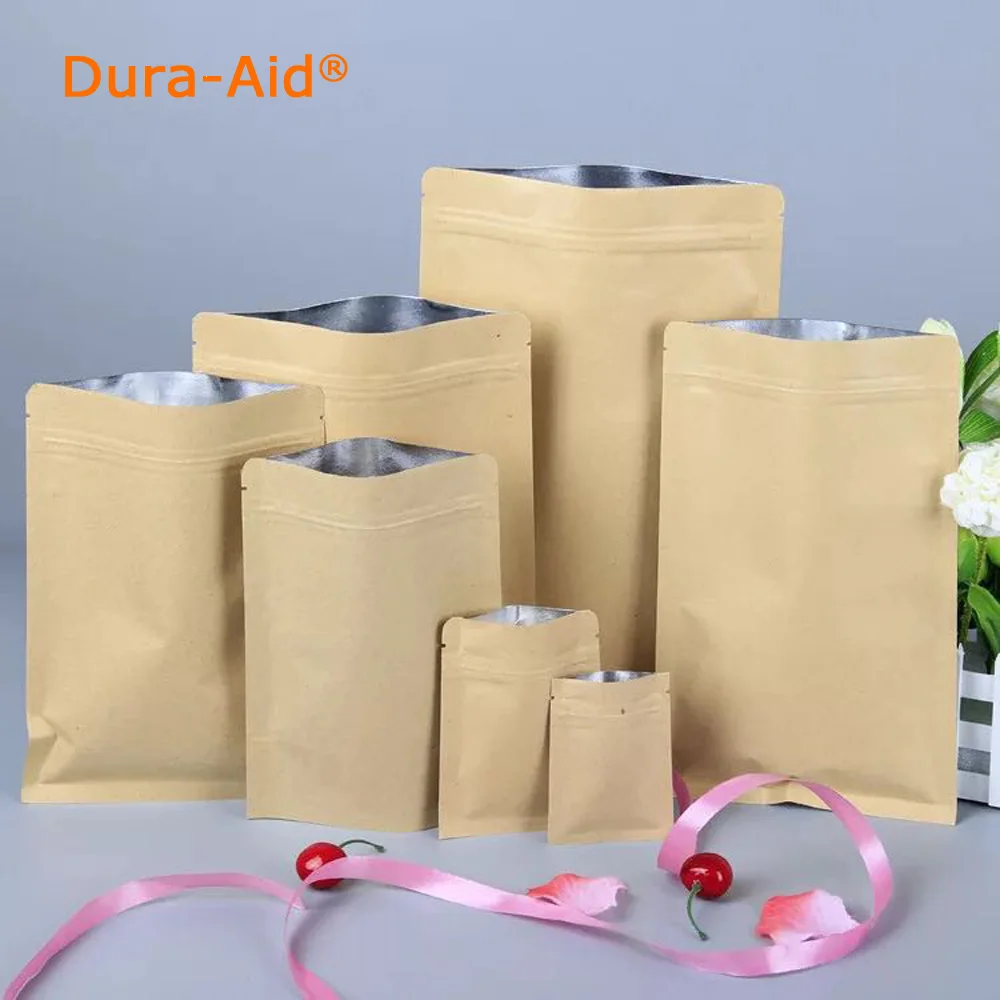 

Dura-Aid kraft paper Sealable Aluminum foil inside ziplock food candy package bag small Flat Bottom gold zip lock bag 100pcs