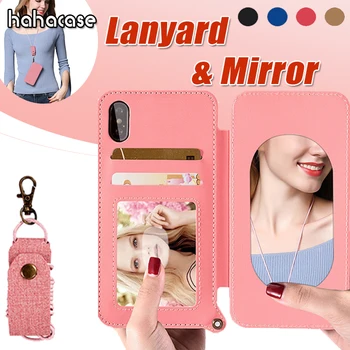 

50pcs Lanyard Mirror Leather Card Slots Wallet Flip Cases For iPhone XS Max XR X 8 7 6 6S Plus Lady Make Up Coque Stand Cover