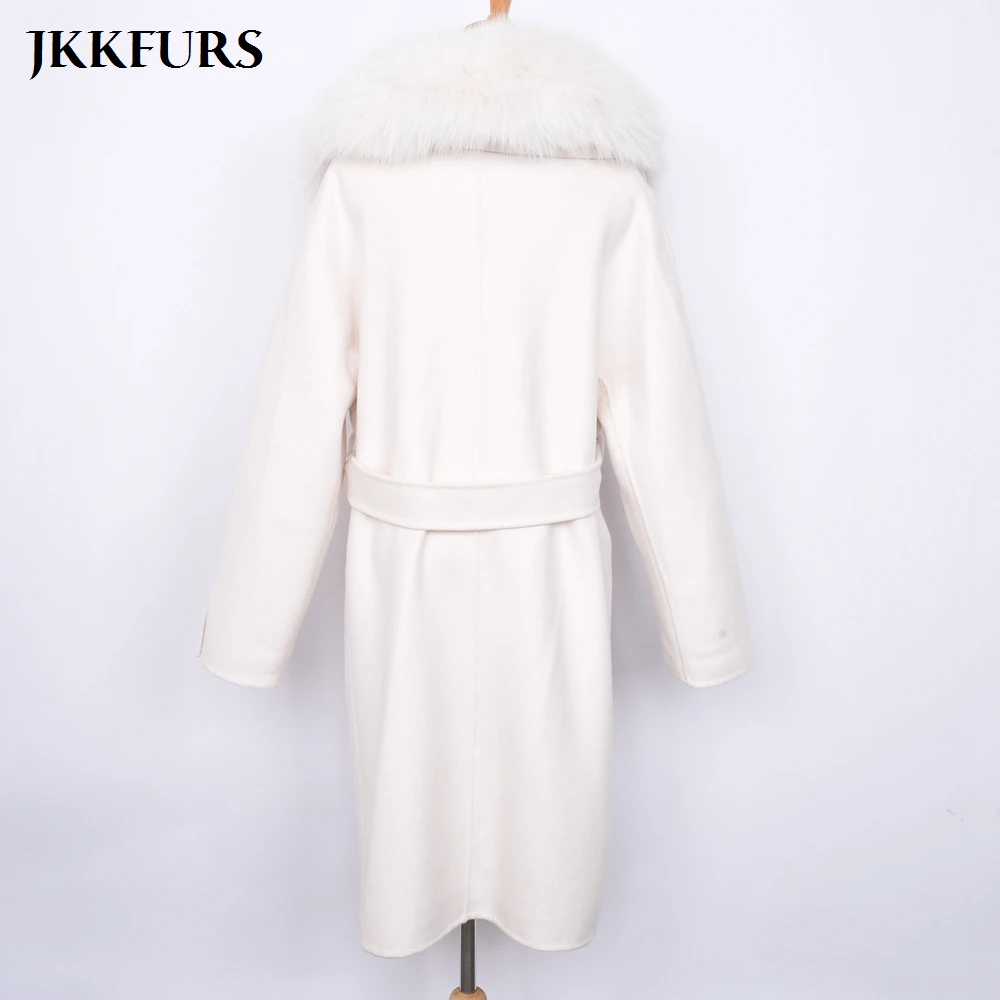 Женское зимнее шерстяное пальто с воротником из натурального Лисьего меха, кашемировая куртка с поясом для женщин, модное шерстяное пальто-жакет для женщин S7493