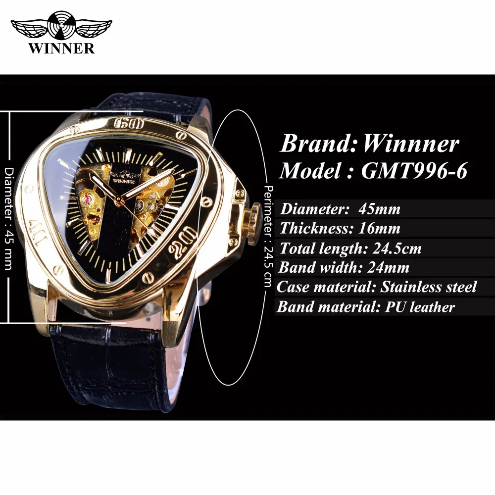 Winner Steampunk Fashion Triangle Golden Skeleton Movement Mysterious Men Automatic Mechanical Wrist Watches Top Brand Luxury mechanical watch