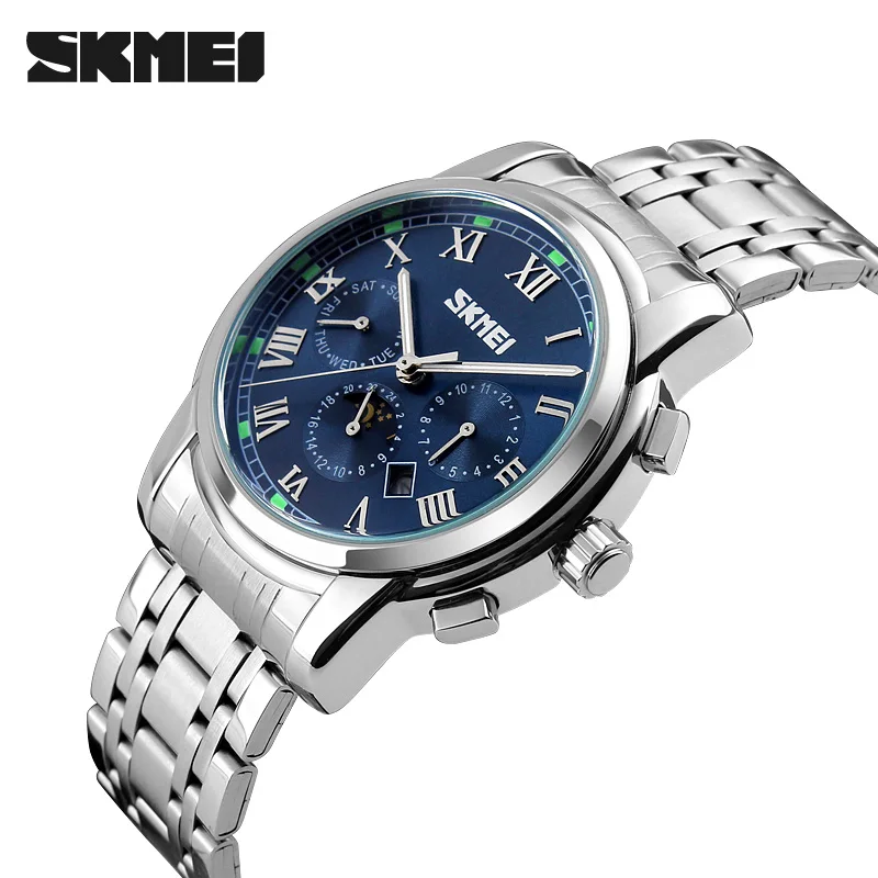 

Top Brand SKMEI Stainless Steel Strap Analog Display Date Moon phase Men's Quartz Watches Casual Watch Waterproof Men Watches