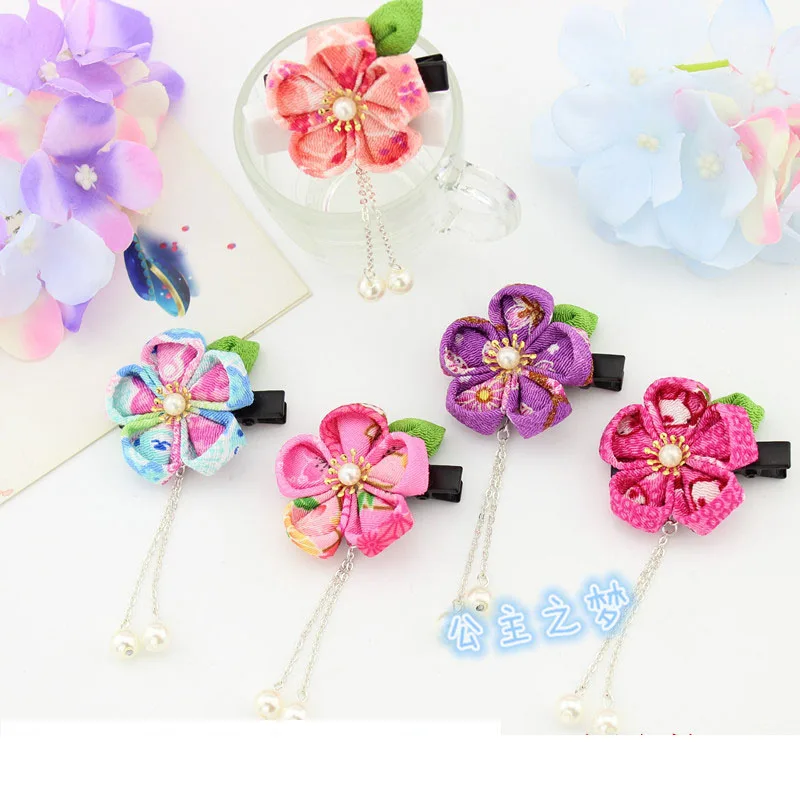 Concise Japanese Style Kanzashi Hair Headclip Sakura Flower Beading