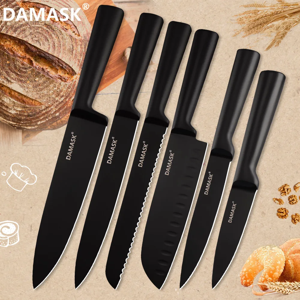 

DAMASK Black Stainless Steel Kitchen Knife Coating Non-Stick Sharp Blade Chef Knives light Weight Handle Kitchen Knife Set Hot
