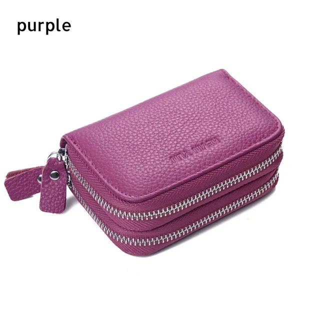 Fashion Women Card Holder Double Zipper Genuine Leather Wallet Credit Cards Case Bag purple