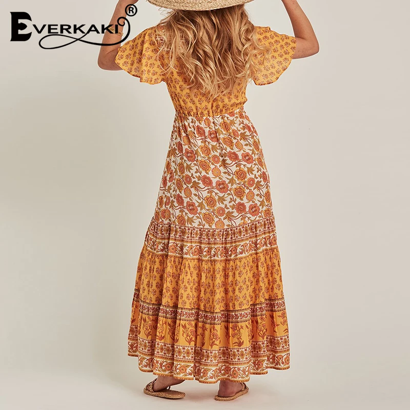 Everkaki богемное Цыганское Платье макси с принтом, женское пляжное длинное платье с регулируемой талией и пуговицами в стиле бохо, женские платья, лето-осень