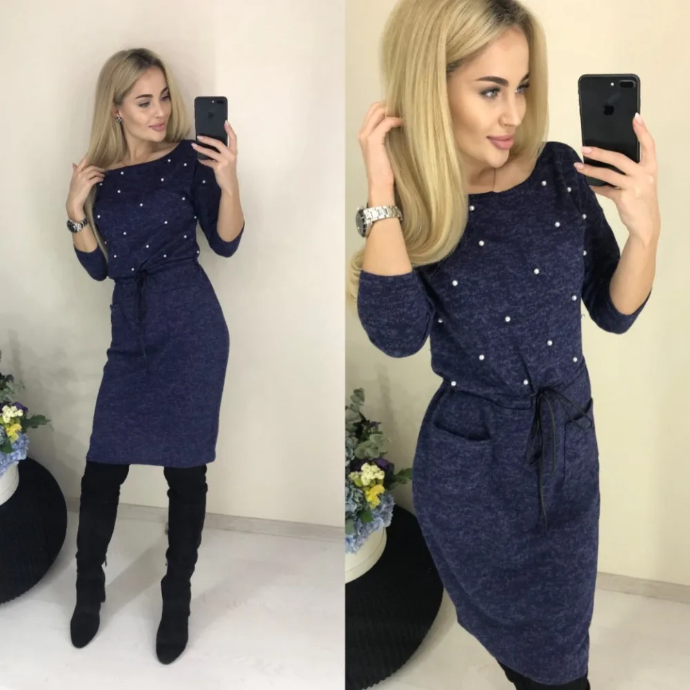 2019New Women Winter Spring Colors Cotton Dress Long Sleeve O-neck Beading Knee-Length Sheath Casual Elegant Warm Office Dresses