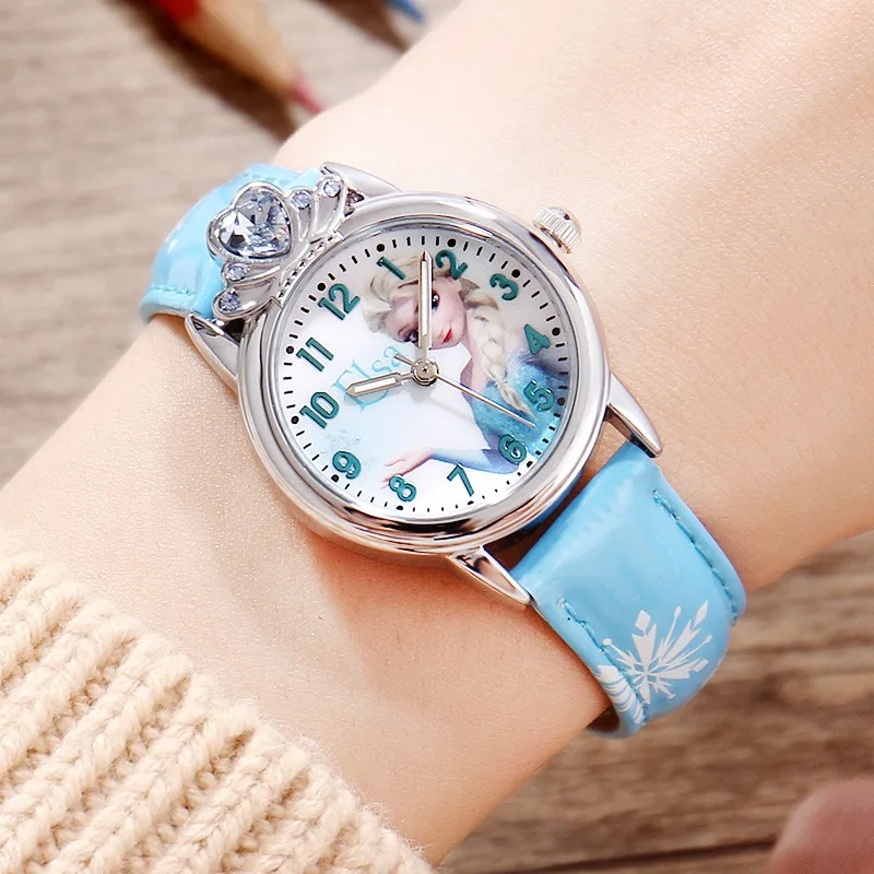 Холодное сердце Эльза Принцесса милашки Девушки Кожа Кварцевые розовый синий Стразы модные простые часы Дисней Дети Малыш часы для студента