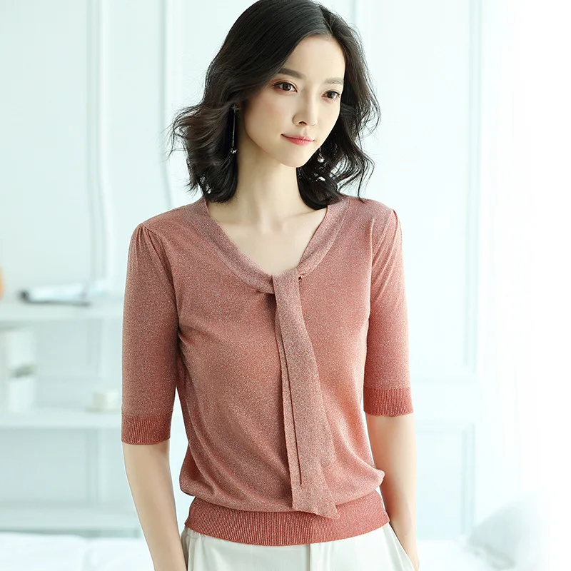Suvance Fashion Knitted Office Lady Bow Collar Pullover Patchwork Half Sleeve V Neck Thin Sweater | Женская одежда