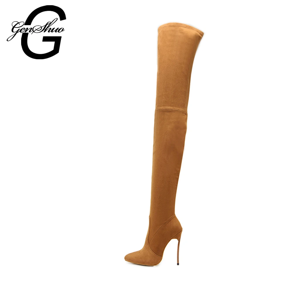 

GENSHUO 2018 High Heeled Over The Knee Boot Shoes Autumn Spring Women Boots Stilettos Woman Thigh High Boots Black Brown