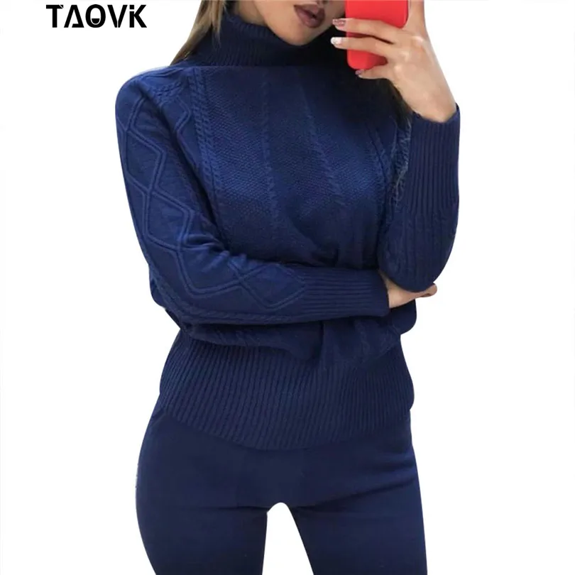 

TAOVK Soft Knitted Suits warm sweater suit Women's Twist knitting turtleneck sweater top and pants Loose Style tracksuit ropa