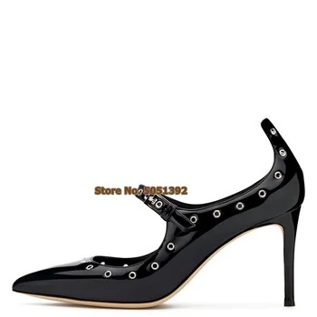 

Women High Thin Heel Pointed Toe Patent Leather Pumps Metal Fisheye Decoration Buckles Banquet Shoes Mules Plus Size