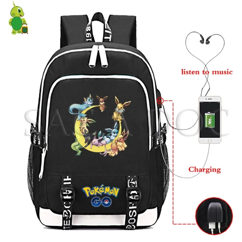 Рюкзак для ноутбука Pokemon Pikachu с usb-зарядкой для подростков, девочек, мальчиков, Gengar Eevee, школьные сумки, многофункциональные повседневные дорожные сумки - Цвет: 15