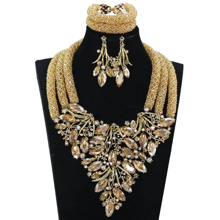 

New Champagne Gold African Wedding Fashion Beads Jewelry Set Indian Bridal Statement Necklace Earrings Set Free Shipping WE103