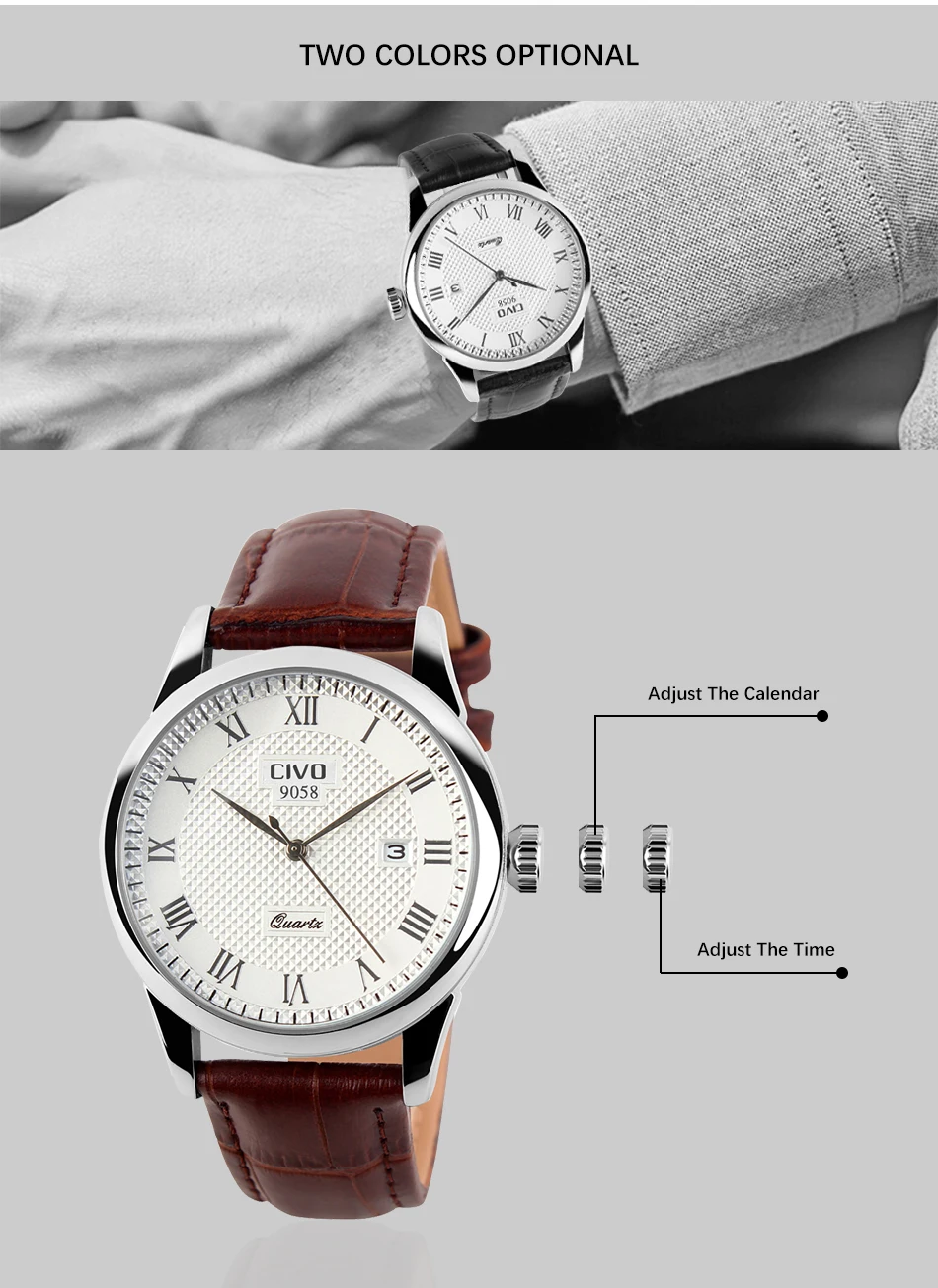 CIVO мужские часы Топ бренд класса люкс кожа кварцевые наручные часы водонепроницаемые Дата Календарь аналоговые часы для мужчин часы