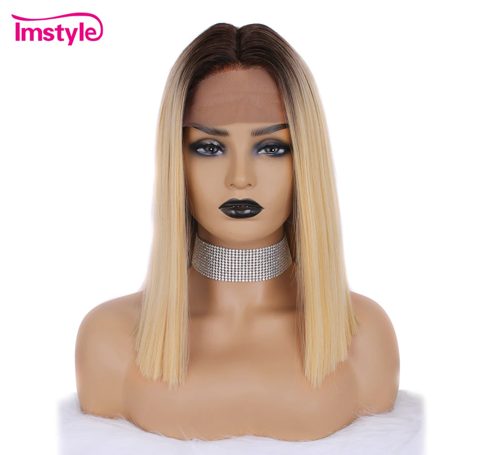 Imstyle Ombre rubia peluca delantera de encaje corto Bob pelo recto cabello sintético pelucas para mujeres fibra resistente al calor peluca Cosplay Imstyle Ombre rubia peluca delantera de encaje corto Bob pelo recto cabello sintético pelucas para mujeres fibra resistente al calor peluca Cosplay