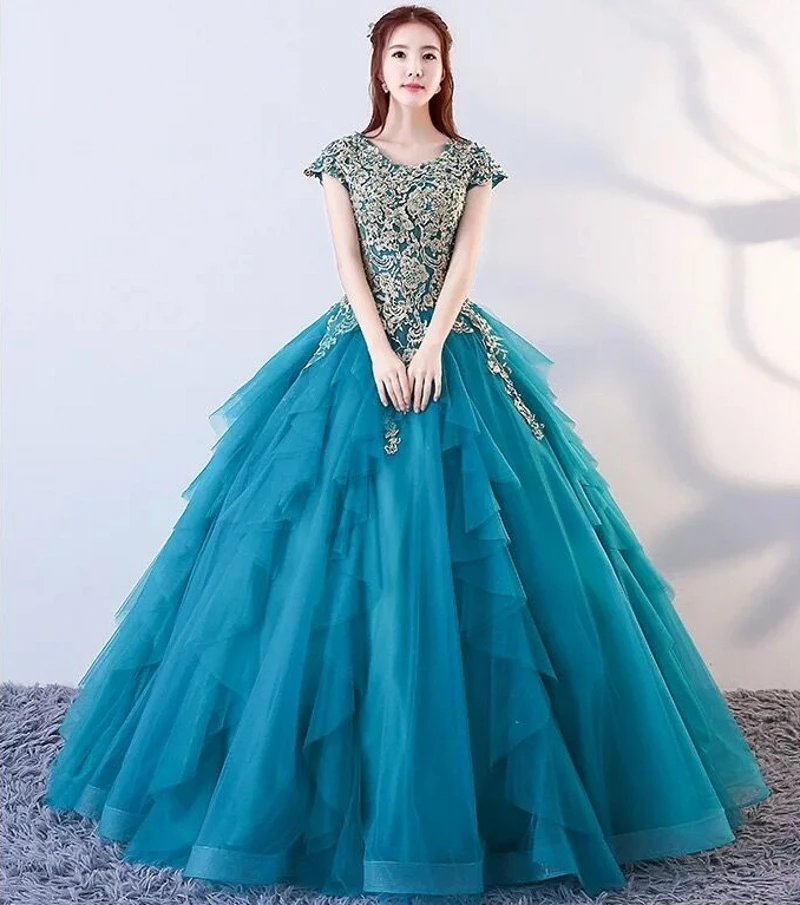 

Peacock Blue lLace Beaded Applique Ball Gown Quinceanera Dresses 2019 Customade Sweet 15 Dresses Vestidos De Quinceanera Party