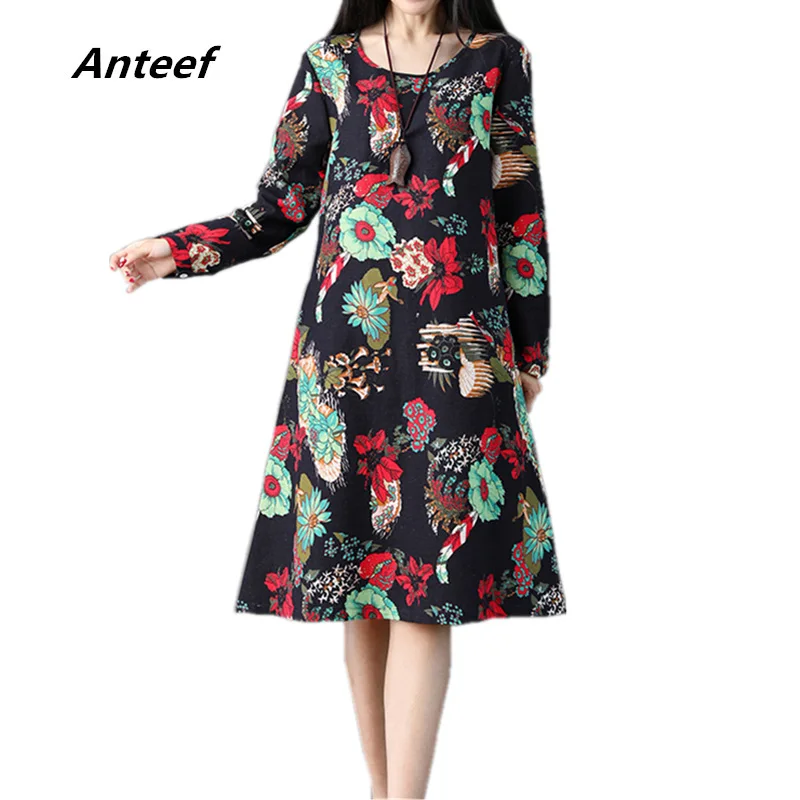 

long sleeve cotton linen plus size vintage floral women casual loose midi spring autumn dress vestidos clothes 2019 dresses