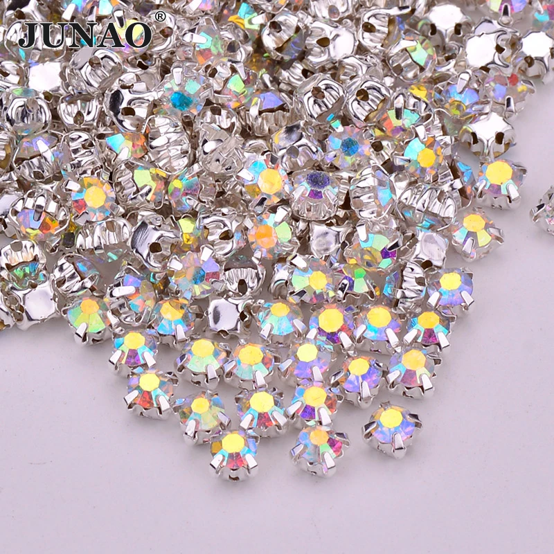 

JUNAO SS12 16 18 20 25 Sewing Crystal AB Glass Rhinestone Applique Silver Claw Crystal Stones Sewn Strass for Clothes Crafts