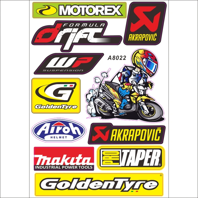 12 шт./лот A4 Размер Akrapovic Aral HRC глянцевая пленка наклейки для мотоцикла велосипеда