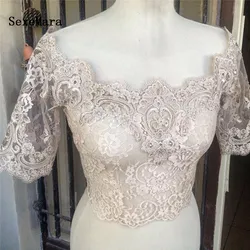 New Champagne Lace Off Shoulder Wedding Jackets Wrap Bridal Mid Sleeve Bolero Lace Applique Custom Made Size