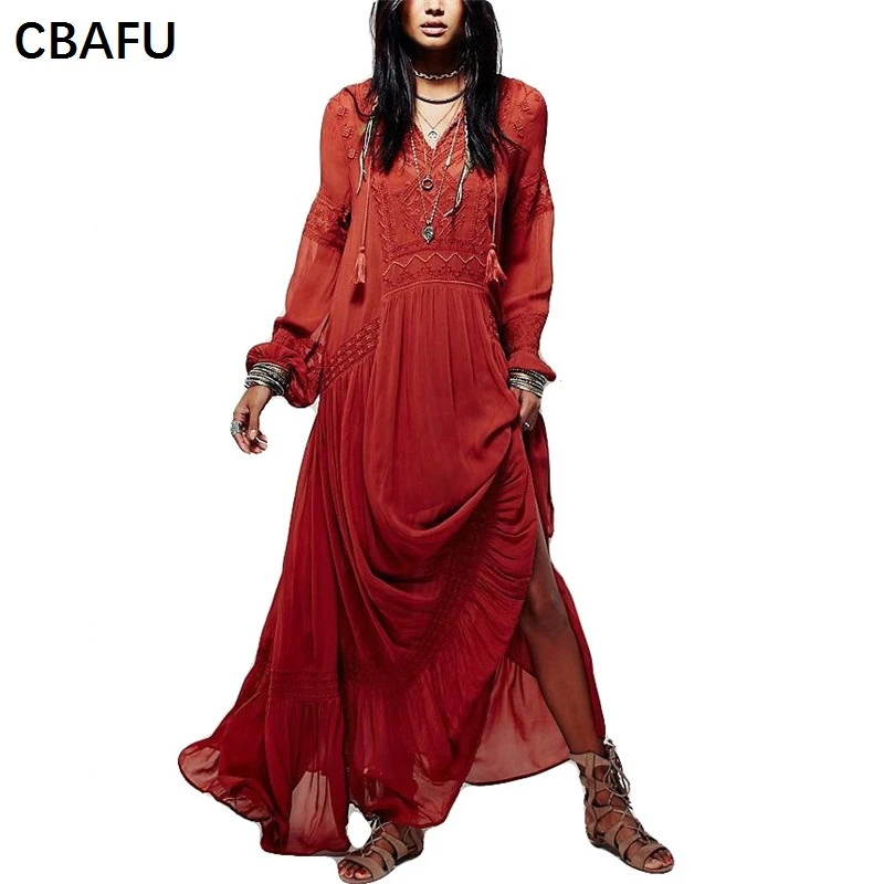Cbafu Hippie Chic Anni 70 Persone Boho Vestito Delle Donne Di Autunno Vino Bianco Rosso A Manica Lunga Della Boemia Lungo Maxi Vestidos Vestiti Da Partito X095 Maxi Dress Boho Dresslong Maxi Dress