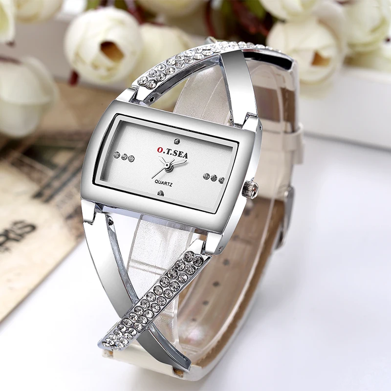 

Luxury O.T.SEA Brand Rhinestone Leather Watch Women Ladies Crystal Dress Quartz Wrist Watch relogio feminino OTS862