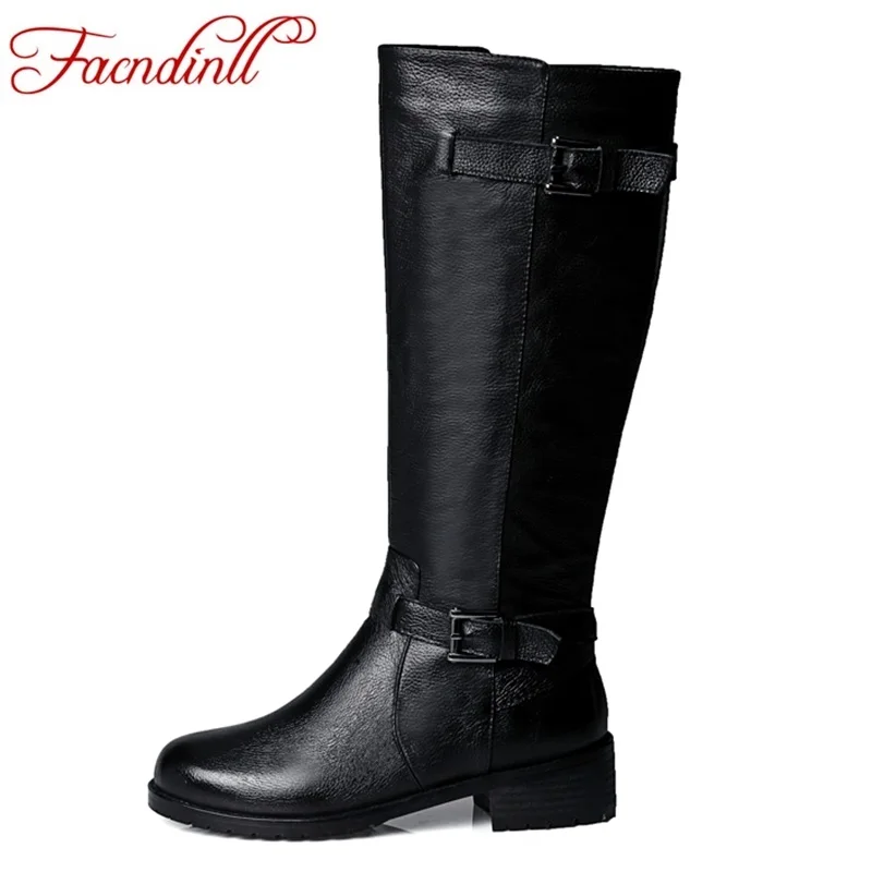 

FACNDINLL hand-made real leather winter riding boots ladies army tactical boots women knee high boots square heel casual shoes