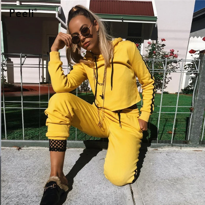 Peeli Yellow Fitness Yoga Set Sports Suit Gym Clothes Hooded Sport Shirt Pants Tracksuit Workout 