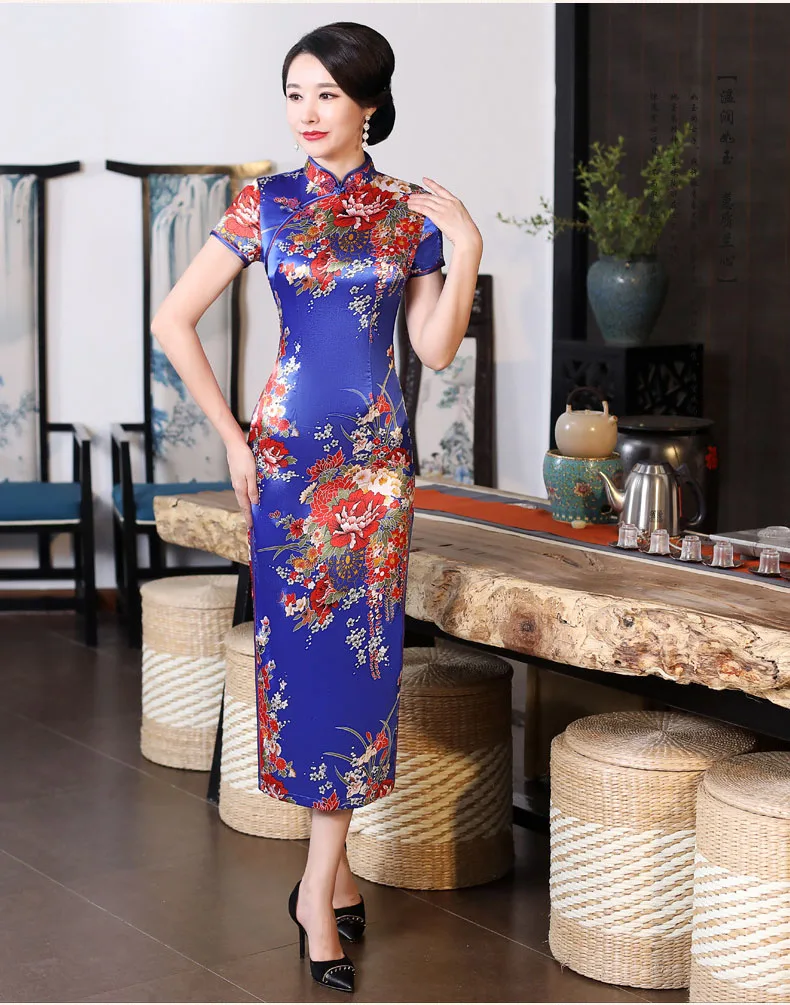 Китайское женское вечернее платье воротник стойка сатиновое Qipao с цветочным принтом вечерние платья большого размера 6XL женское платье Чонсам с длинным рукавом