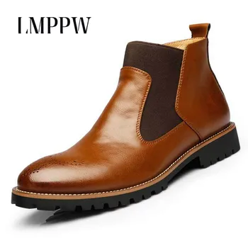 LMPPW Brand Autumn Winter Men #8217 s Chelsea Boots British Style Fashion Ankle Boots high Quality Soft Leather Men Casual Shoes Boots tanie i dobre opinie Split Leather Pointed Toe Rubber Slip-On Rome Spring Autumn Solid Fits true to size take your normal size Flat (≤1cm)