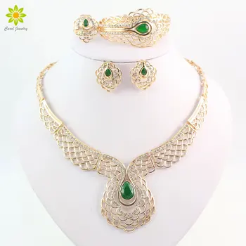 

Vintage Gold Color African Costume Necklace Bracelet Earrings Ring Nigeria Dubai Wedding Rhinestone Jewelry Sets For Women