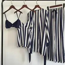 Новинка, весна-осень, высокое качество, полосатые шелковые пижамы, Женские сексуальные комплекты нижнего белья, одежда для сна, 4 штуки, домашняя одежда