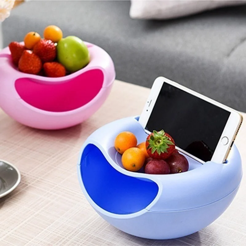 

Creative Bowl Double Layer Dry Fruit Containers Snacks Seeds Storage Box Garbage Holder Plate Dish Organizer with Phone Holder