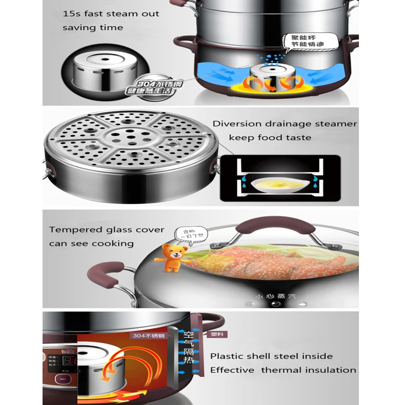 Из нержавеющей стали пароход горшок три слоя Электрический Hot Pot/Pan/Отпариватель Электрический горячий горшок в таблице Multi- цели Электрический жаровне