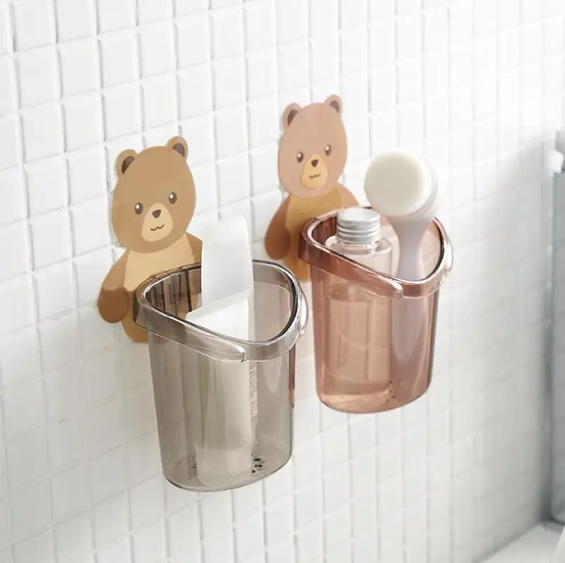 Perforation-Free Creative Cup Rack Wall-Mounted Bear Toothbrush Cup Rack Cartoon Mouthwash Cup Cleaning Stuff ABS Rack Holder