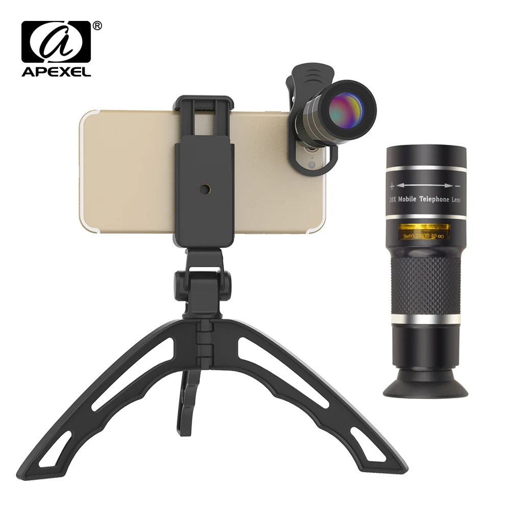 

APEXEL Optical Telescope lens 20x telephoto monocular lentes with selfie tripod monopod for iPhone Samsung Smartphones Hunting