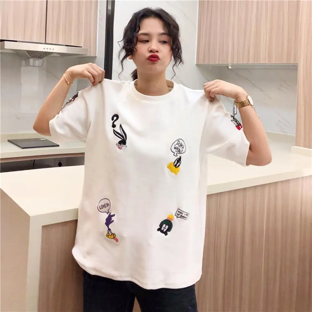 1 قطعة المرأة تي شيرت الصيف أزياء بسيطة السببية فضفاض المحملة قمم 2019 الإناث المتناثرة الكورية يا الرقبة المحملة قميص