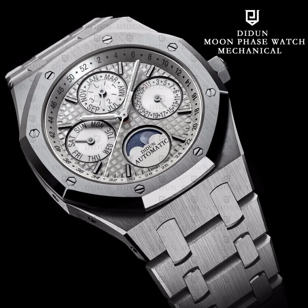 DIDUN часы Для мужчин автоматические механические Топ Элитный бренд Moon Phase
