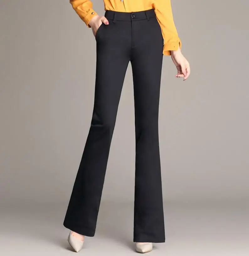 Женские длинные брюки, повседневные офисные брюки размера плюс, женские брюки-клеш, модные брюки OL - Цвет: Черный