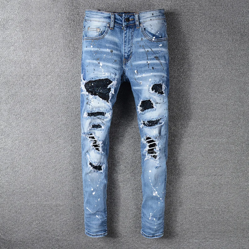 High Street Fashion Men Jeans Blue Color Slim Fit Destroyed Ripped Jeans Men Broken Pants Paint Designer Patchwork Hip Hop Jeans High Street Fashion Men Jeans Blue Color Slim Fit Destroyed Ripped Jeans Men Broken Pants Paint Designer Patchwork Hip Hop Jeans