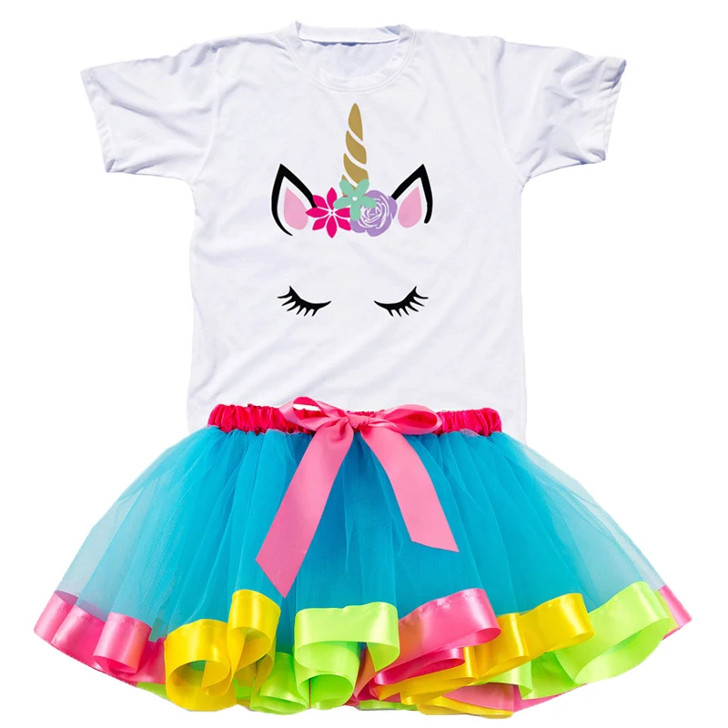Unicorn Girl Clothing Sets Rainbow Princess Tutu Dress And Cotton T-Shirt Girls Party Suits Toddler Baby Kids Birthday Present