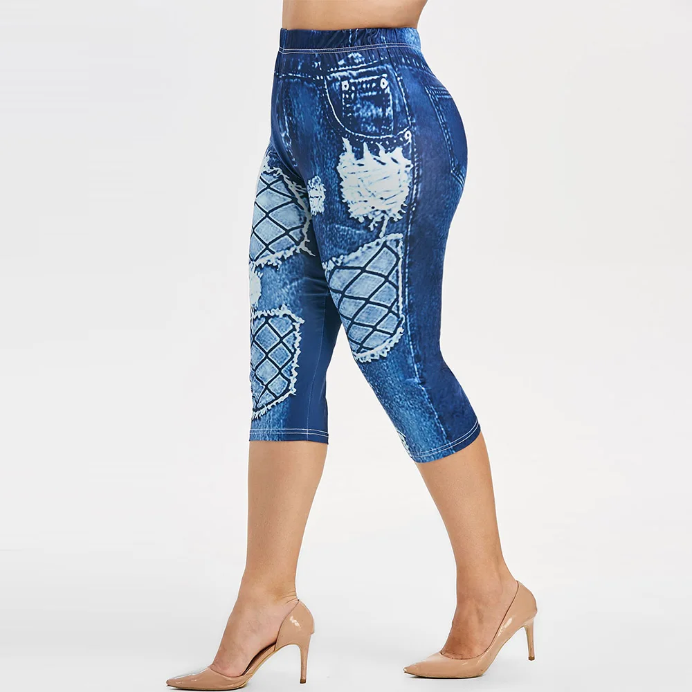 

Rosegal Plus Size 3D Destroyed Jean Print Cropped Leggings Elastic High Waist Women Summer Skinny Short Leggings Streetwear