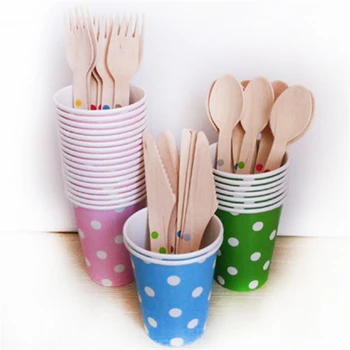 

100 pcs 16 cm Cream disposable Wooden Knife Fork Spoon Tableware eco-friendly Colorful Striped Polka Dot Design