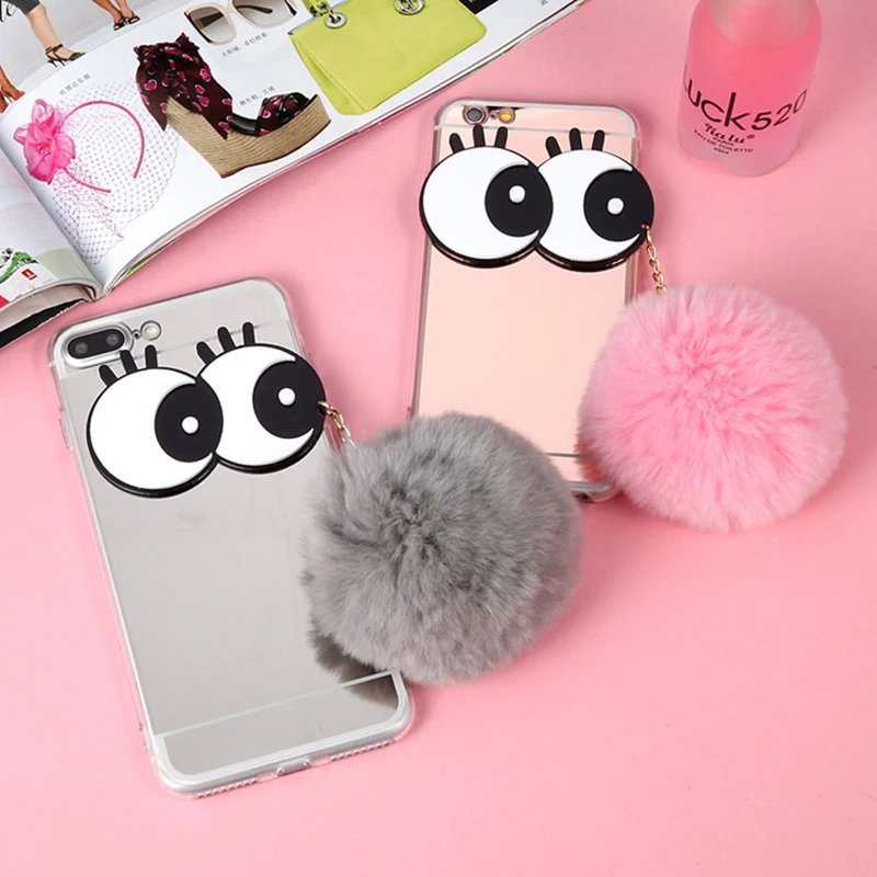 

Cute Big Eyes with Rabbit Fur Ball Case For Huawei P8 Lite 2017 P9 Lite mini P10 P20 P Smart Plus Bling Mirror TPU Phone Case