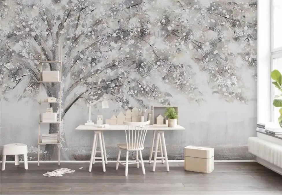 Дерево высокого класса серый ручная роспись маслом стиль современный ТВ 3D задний план стены живопись Декор, Настенные обои