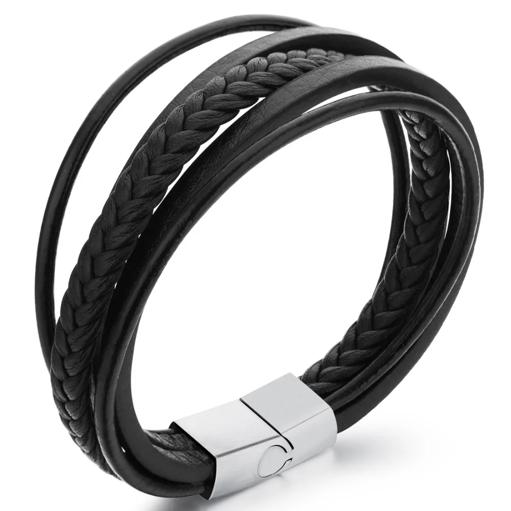 Punk Multilayer Stainless Steel Genuine Cowhide Bracelets Leather Black Bangles For men Leisure Jewellery Best Gift | Украшения и
